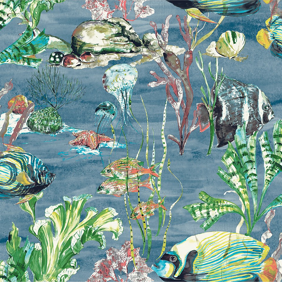 Grandeco Aquarium Blue Smooth Wallpaper