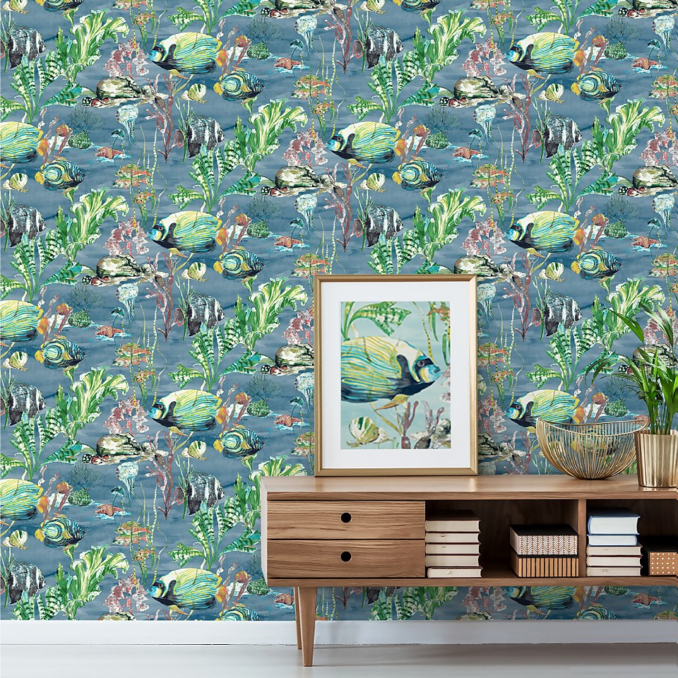 Grandeco Aquarium Blue Smooth Wallpaper