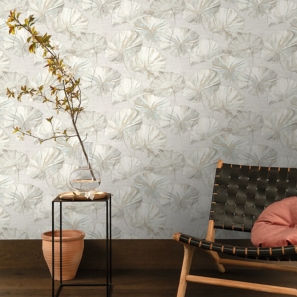 Grandeco Boutique Collection Water Lily Embossed Wallpaper, White
