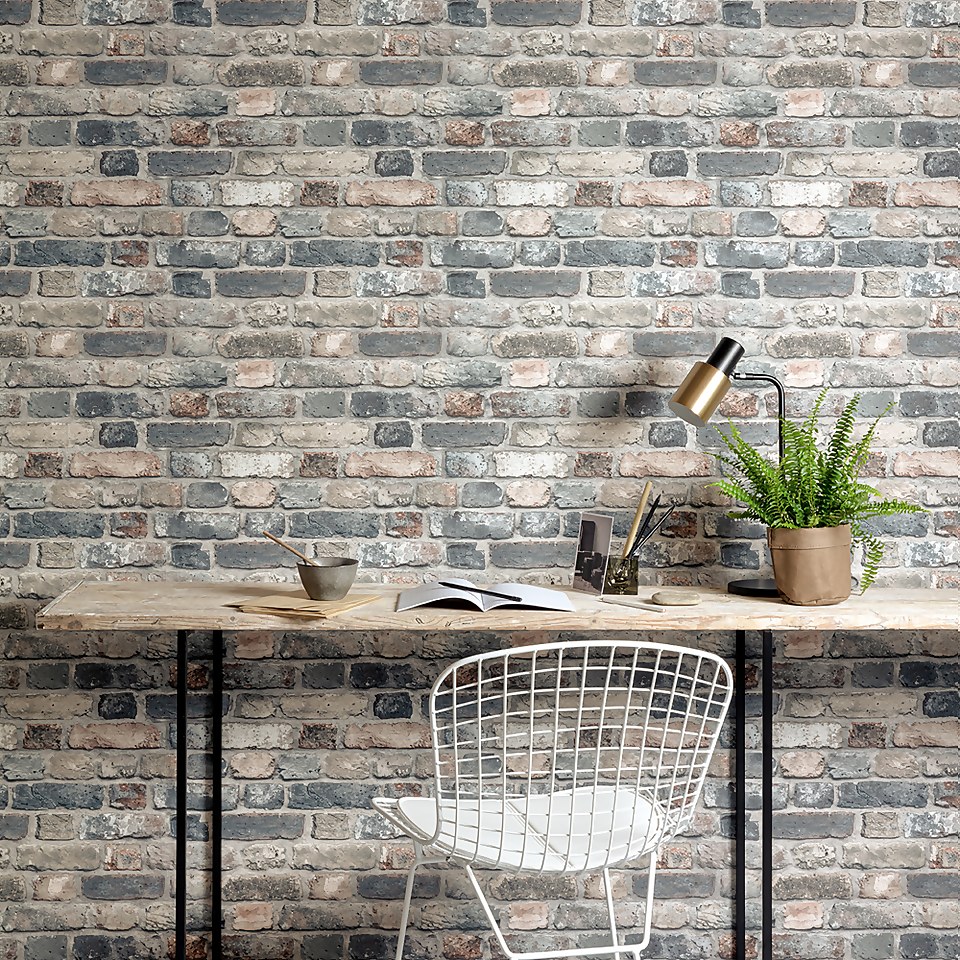 Grandeco Industrial Rustic Brick Neutral Charcoal Textured Wallpaper