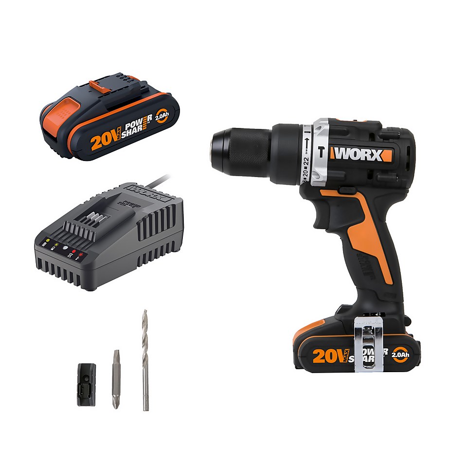 Worx WX352 20v Cordless Brushless Combi Drill with x2 2.0Ah Batteries