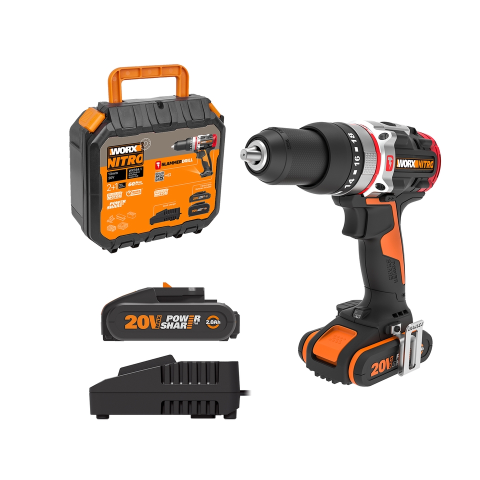 Worx WX354 20v Cordless Brushless Combi Hammer Drill with x2 2.0Ah batteries Homebase