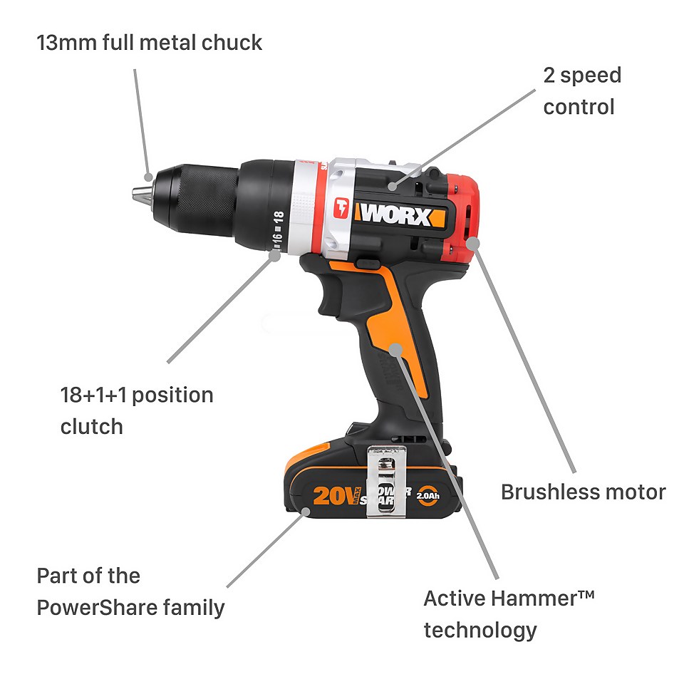 Worx WX354 20v Cordless Brushless Combi Hammer Drill with x2 2.0Ah batteries
