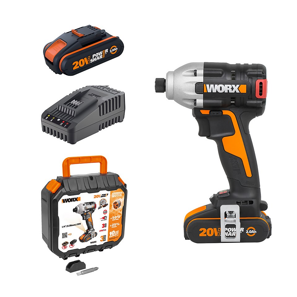 Worx WX261 20v Cordless Brushless Impact Driver with x2 2.0Ah Batteries