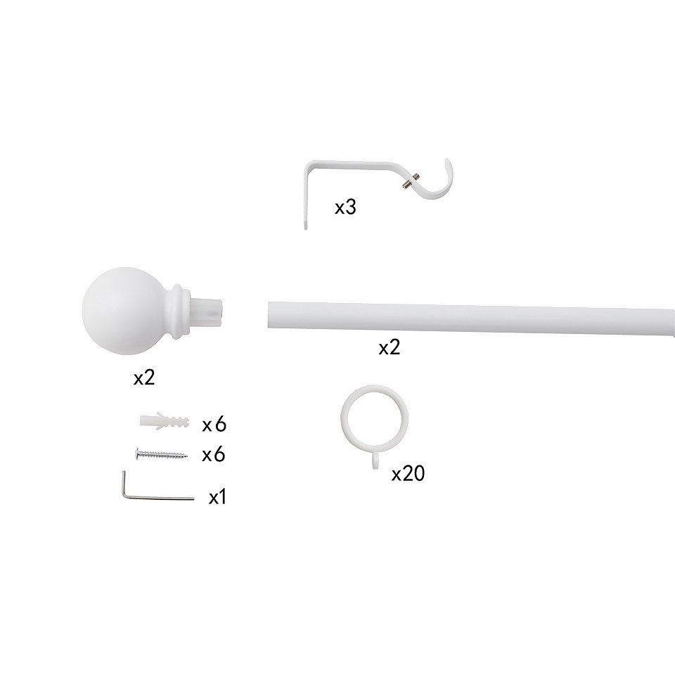 White Extendable Curtain Pole with Black Finial- 120-210cm (Dia 16/19mm)