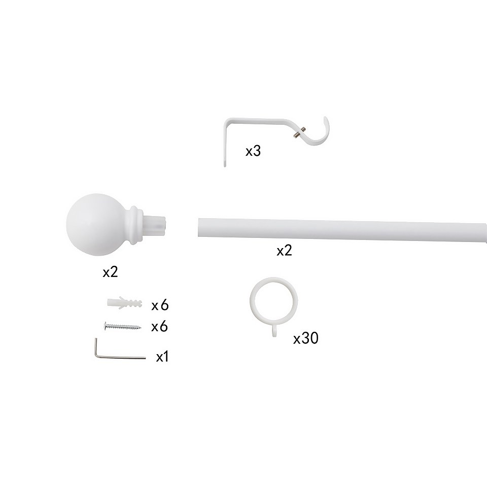 White Extendable Curtain Pole with Ball Finial- 170-300cm (Dia 16/19mm)