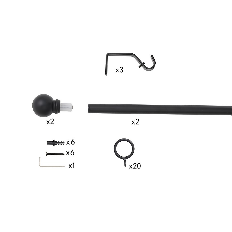 Black Extendable Curtain Pole with Ball Finial- 120-210cm (Dia 16/19mm)