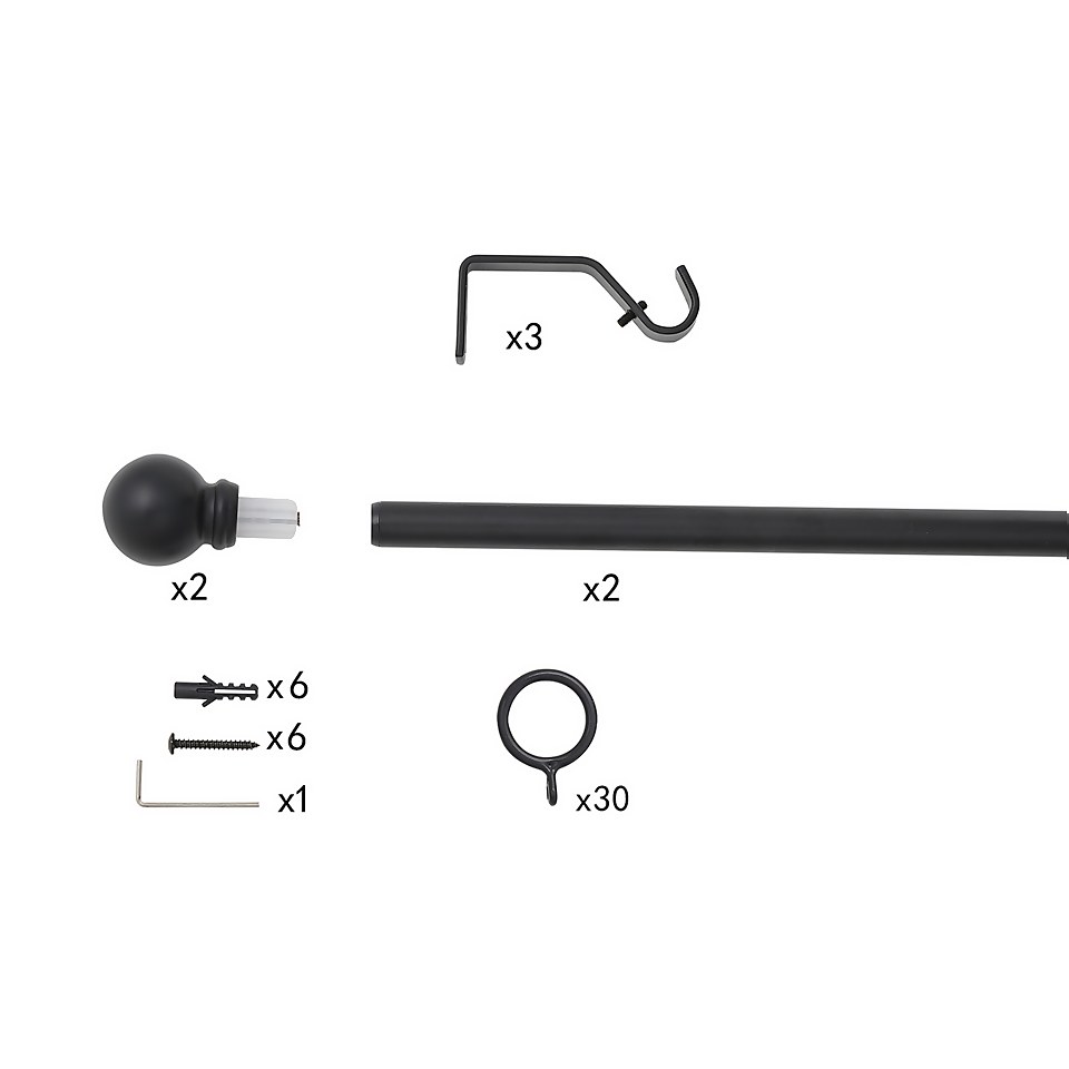 Black Extendable Curtain Pole with Ball Finial- 170-300cm (Dia 16/19mm)