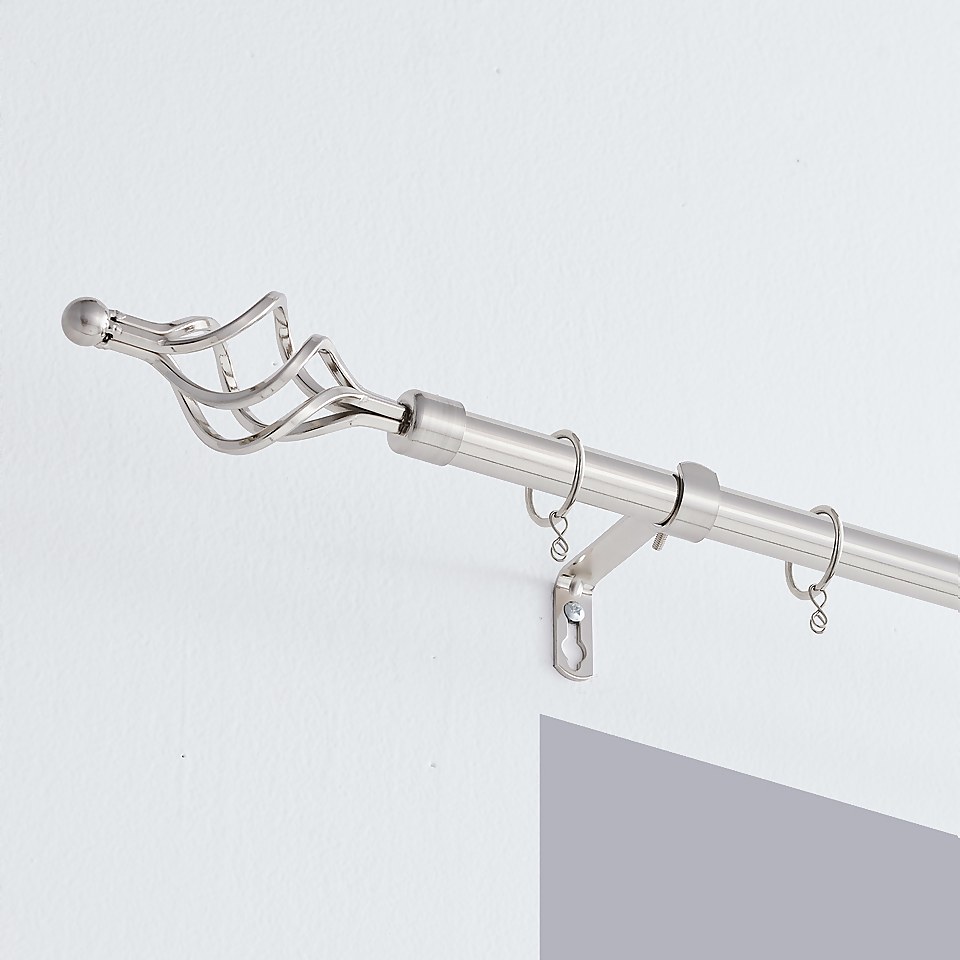 Satin Steel Extendable Curtain Pole with Cage Finial- 170-300cm (Dia 16/19mm)