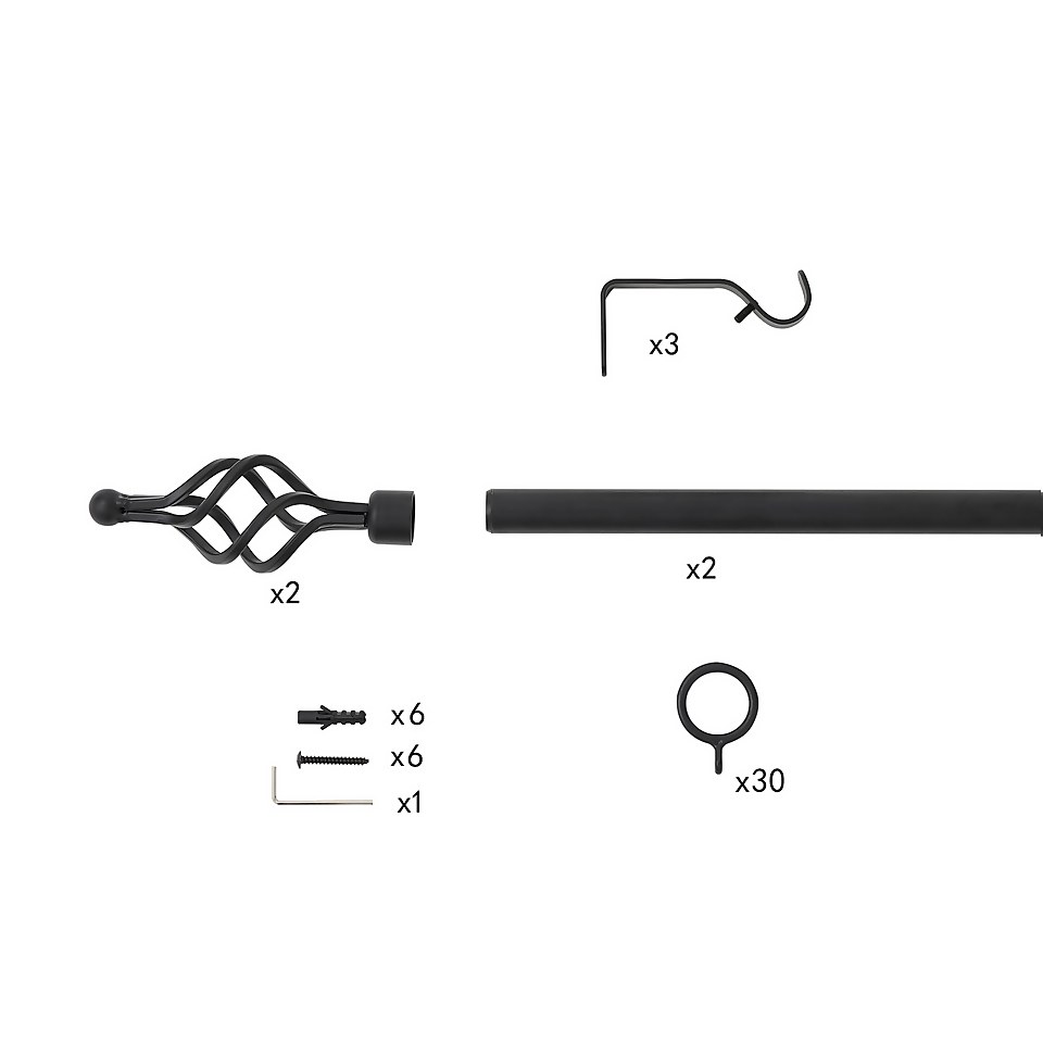Black Extendable Curtain Pole with Cage Finial- 170-300cm (Dia 16/19mm)