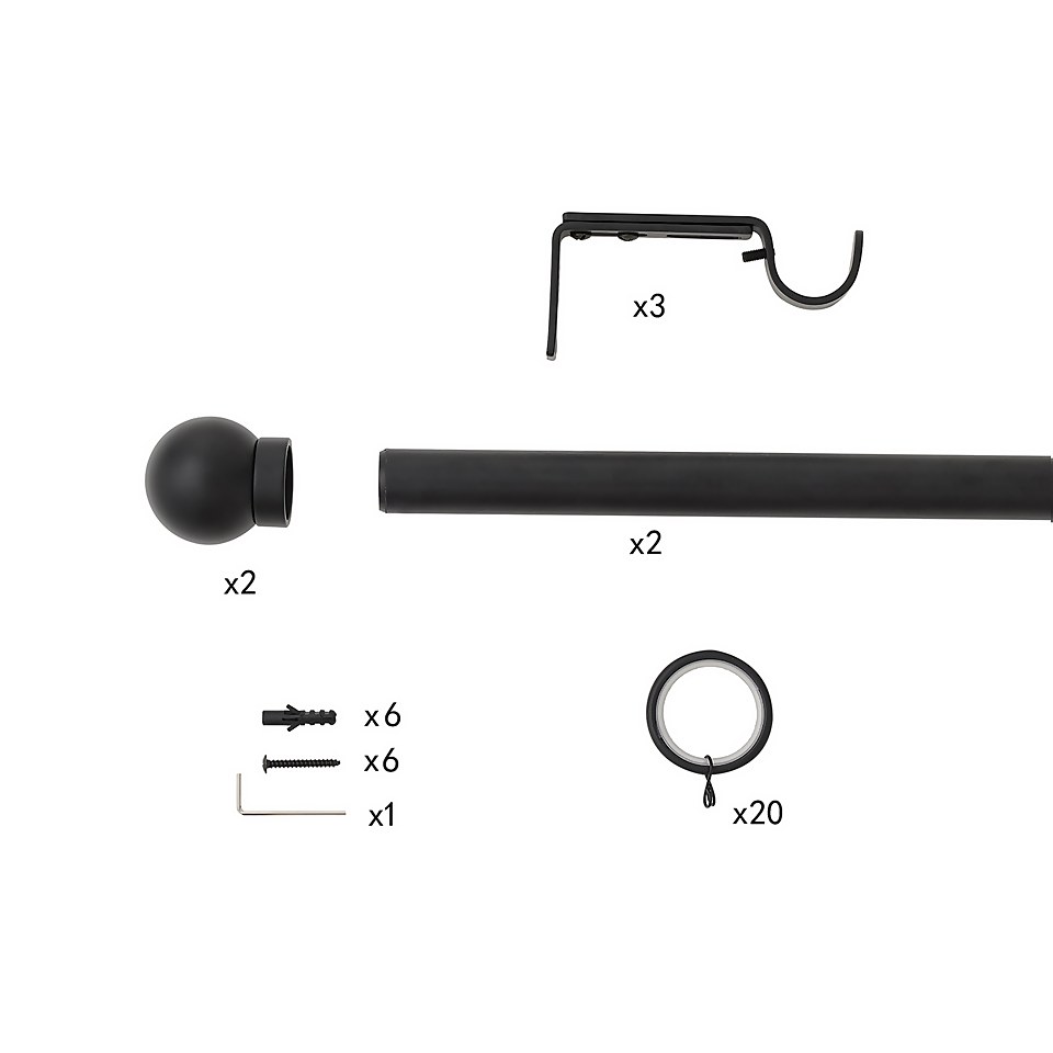 Black Extendable Curtain Pole with Ball Finial- 120-210cm (Dia 25/28mm)