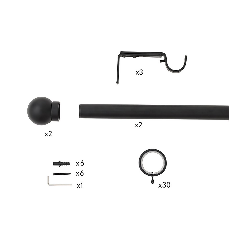 Black Extendable Curtain Pole with Ball Finial- 170-300cm (Dia 25/28mm)
