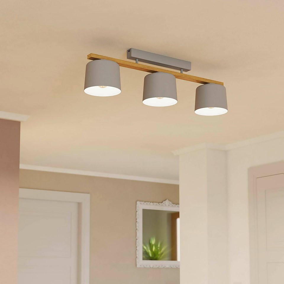 Eglo Mariel 3 Lamp Flush Ceiling Light - Grey & Wood