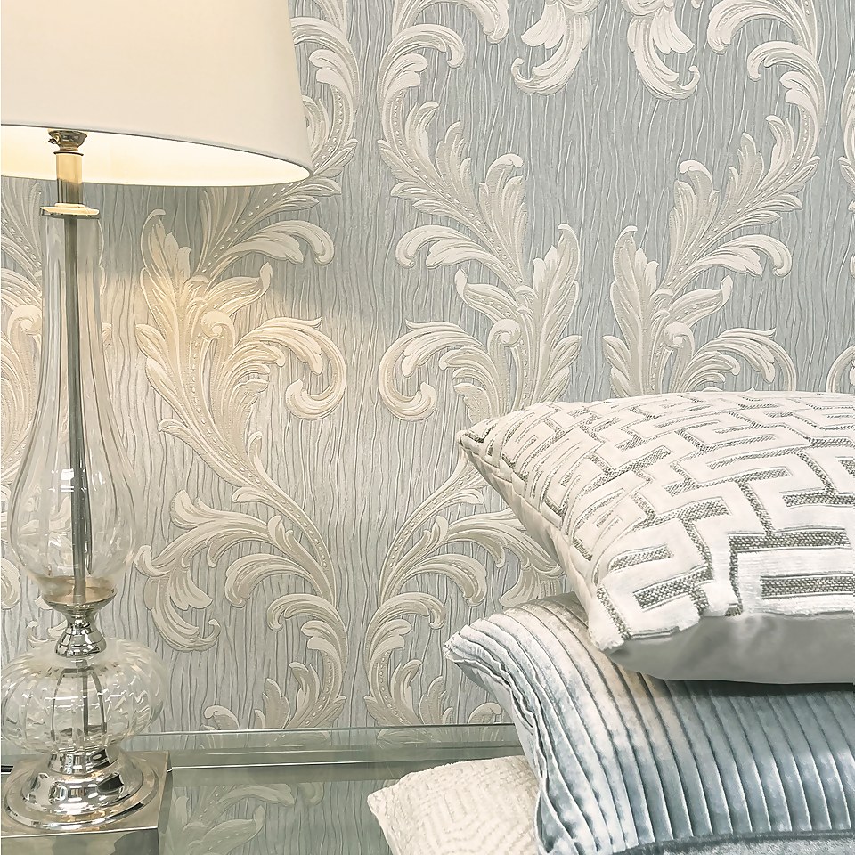 Belgravia Decor Tiffany Scroll Silver Textured Wallpaper