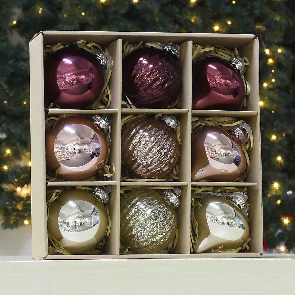 Gilded Glamour Premium Glass Christmas Bauble Decorations - Pack of 9 ...