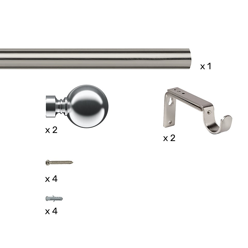 Satin Steel Metal Eyelet Curtain Pole with Ball Finial - 180cm (Dia 28mm)