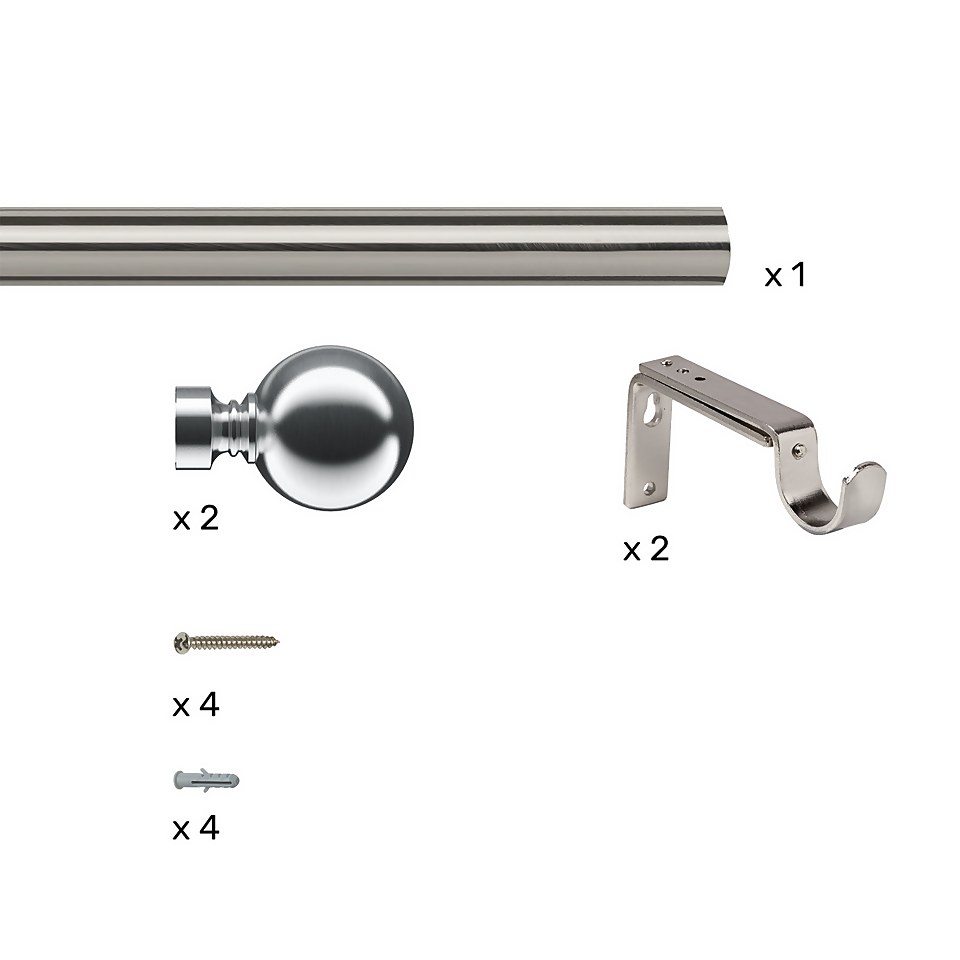 Satin Steel Metal Eyelet Curtain Pole with Ball Finial - 120cm (Dia 28mm)
