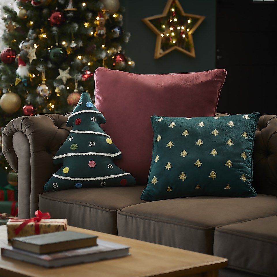 Gold Embroidery Christmas Tree Cushion 43x43cm Homebase