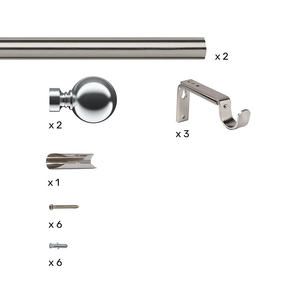Satin Steel Metal Eyelet Curtain Pole with Ball Finial - 300cm (Dia 28mm)