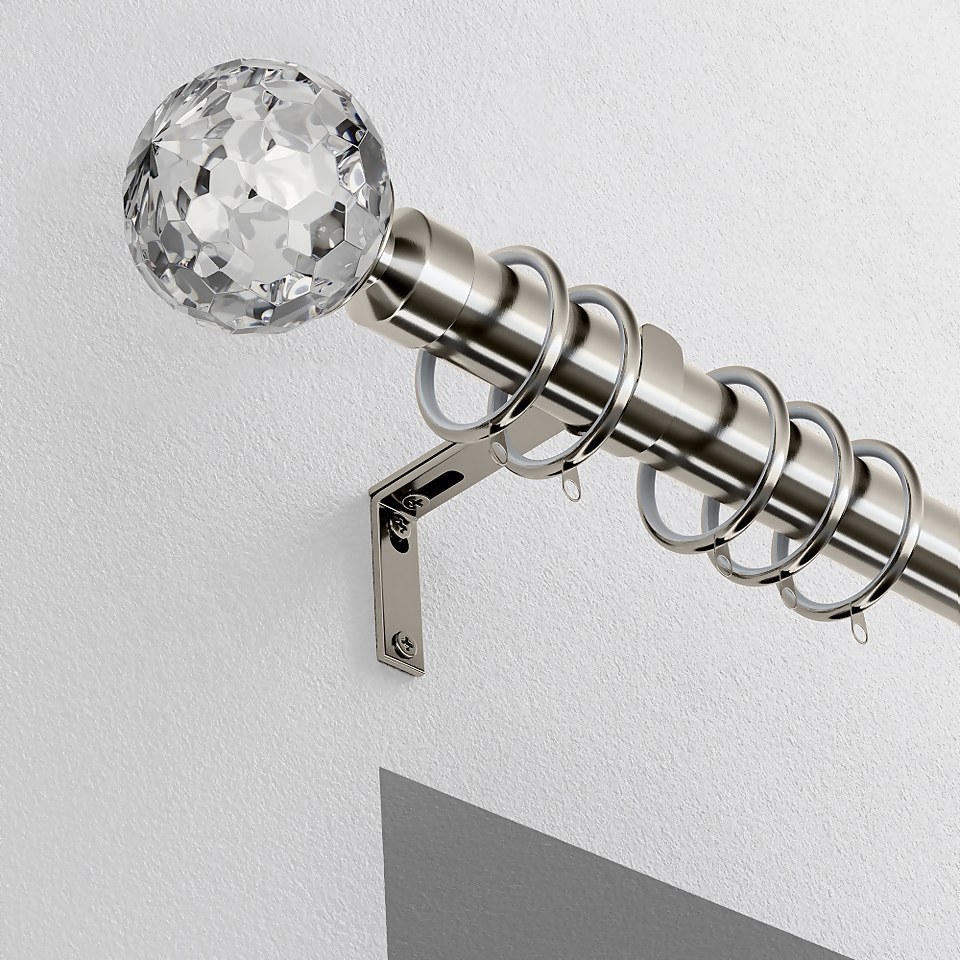 Satin Steel Metal Curtain Pole with Crystal Ball Finial - 180cm (Dia 28mm)