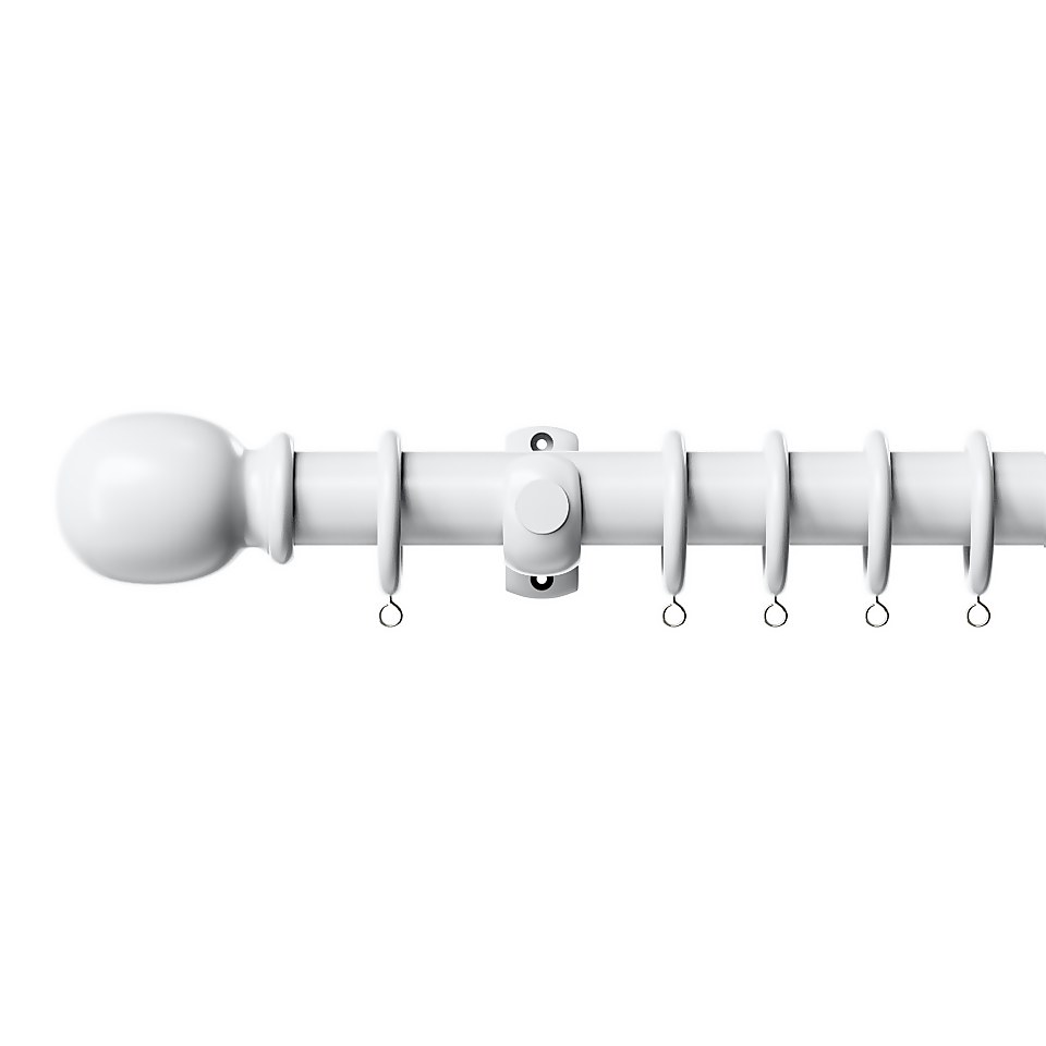 White Wood Curtain Pole with Ball Finial - 240cm (Dia 28mm)