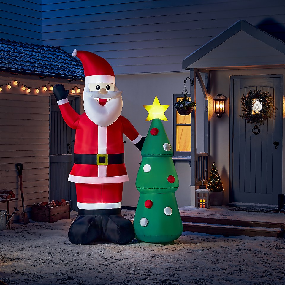 8ft Santa with Christmas Tree Outdoor Inflatable Decoration | Homebase