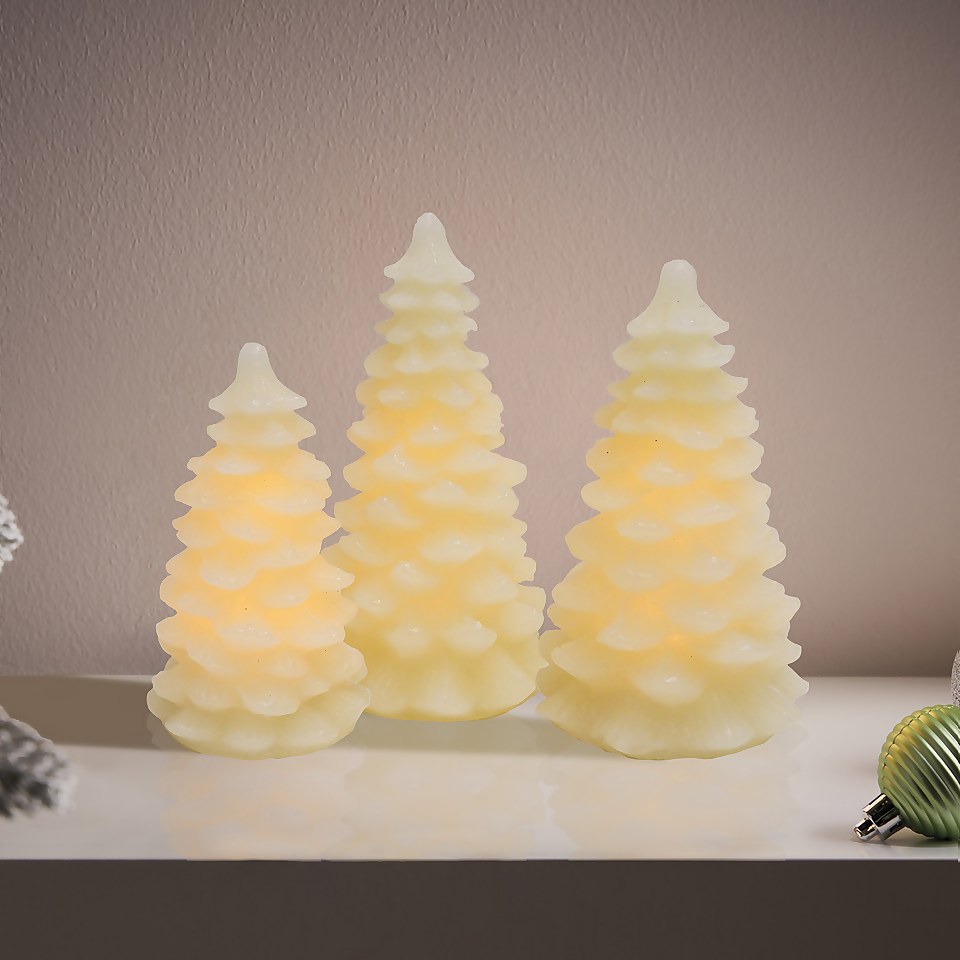 3 LED Christmas Tree Pillar Candles White (Battery Operated) Homebase