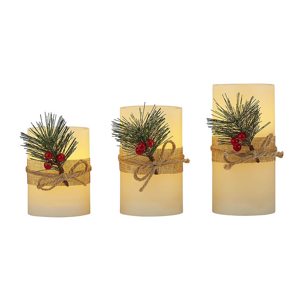 3 LED Christmas Pillar Candles with Fir White (Battery Operated) Homebase