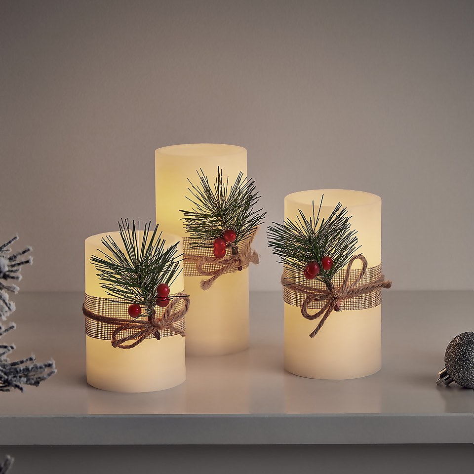 3 LED Christmas Pillar Candles with Fir White (Battery Operated