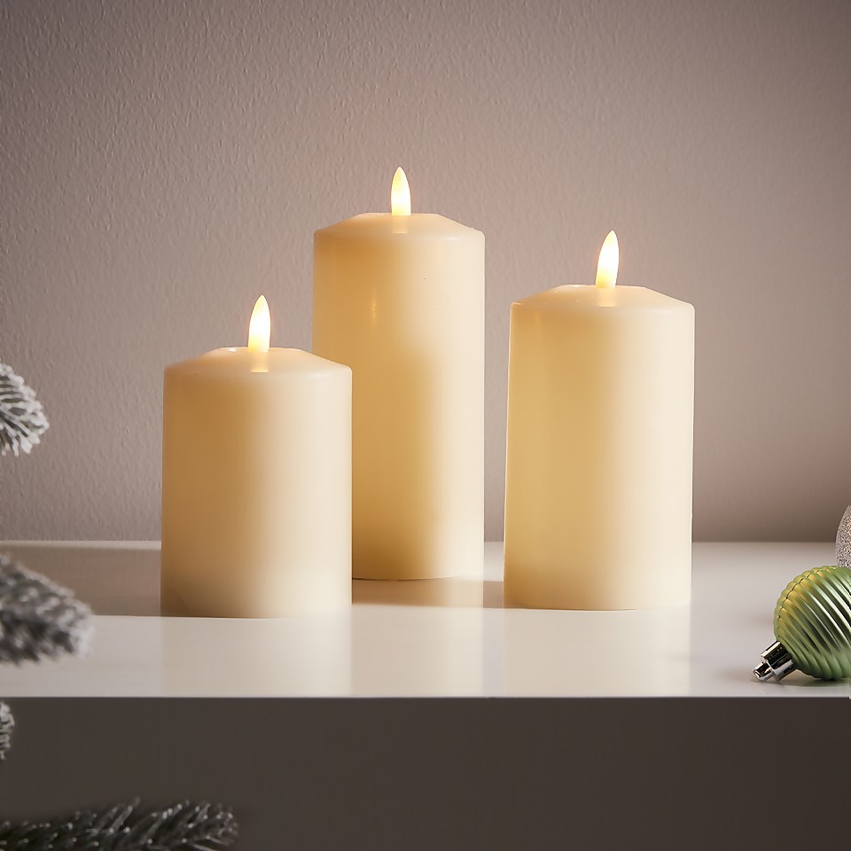 3 LED Christmas Pillar Candles White (Battery Operated) Homebase