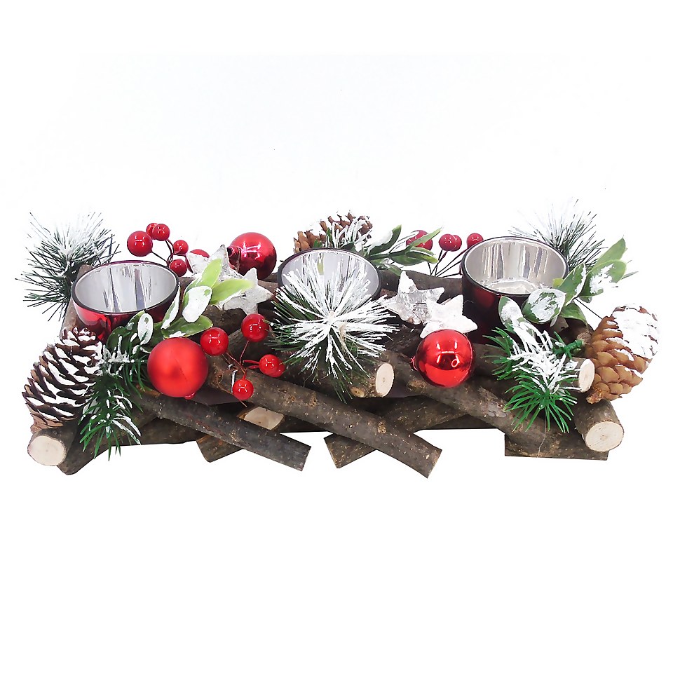 Red Berry & Willow 3 Candle Holder Christmas Tabletop Decoration 30cm