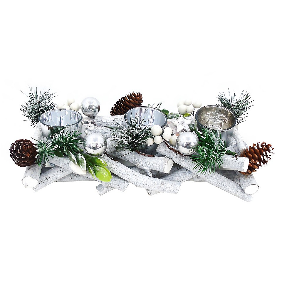 White Berry & Willow 3 Candle Holder Christmas Tabletop Decoration- 30cm