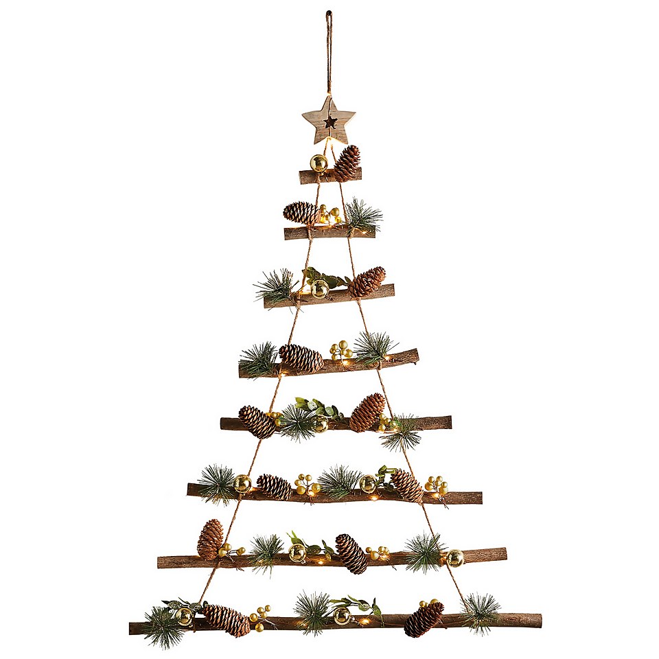Dark Wooden Light Up Christmas Tree Sash with Gold Berries Hanging Room ...