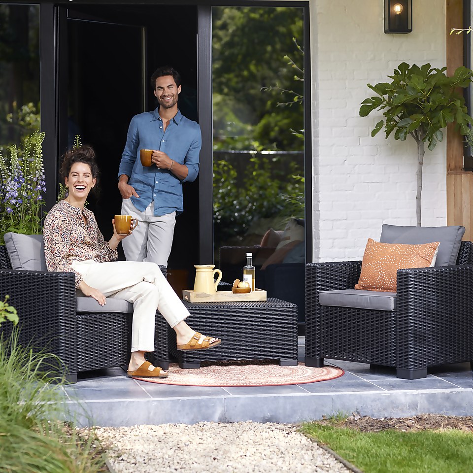Keter California 2 Seater Outdoor Balcony Garden Furniture Set Graphite with Grey Cushions Homebase