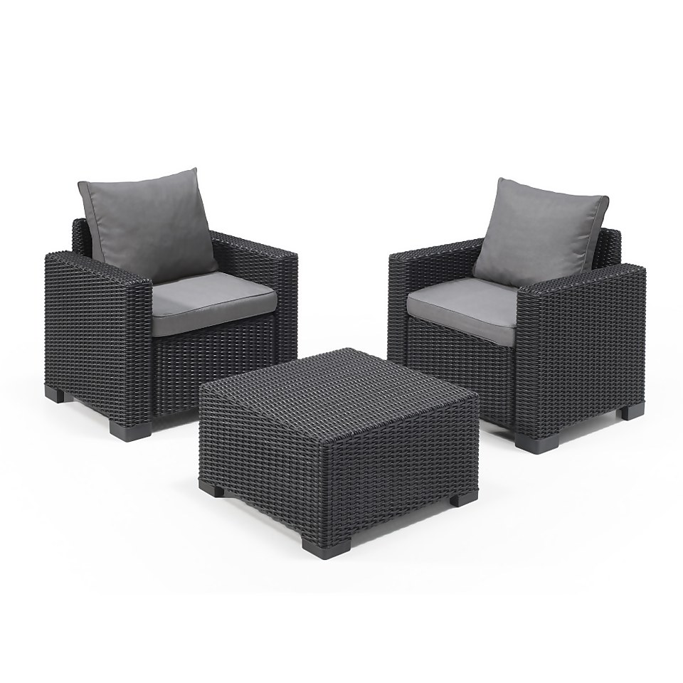 Keter California 2 Seater Outdoor Balcony Garden Furniture Set Graphite with Grey Cushions