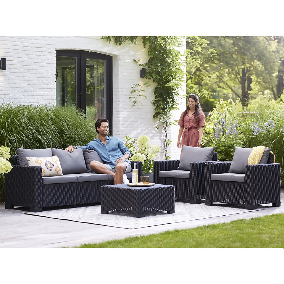 Keter California 5 Seater Outdoor Garden Furniture Sofa And Lounge Set Graphite With Grey Cushions Homebase