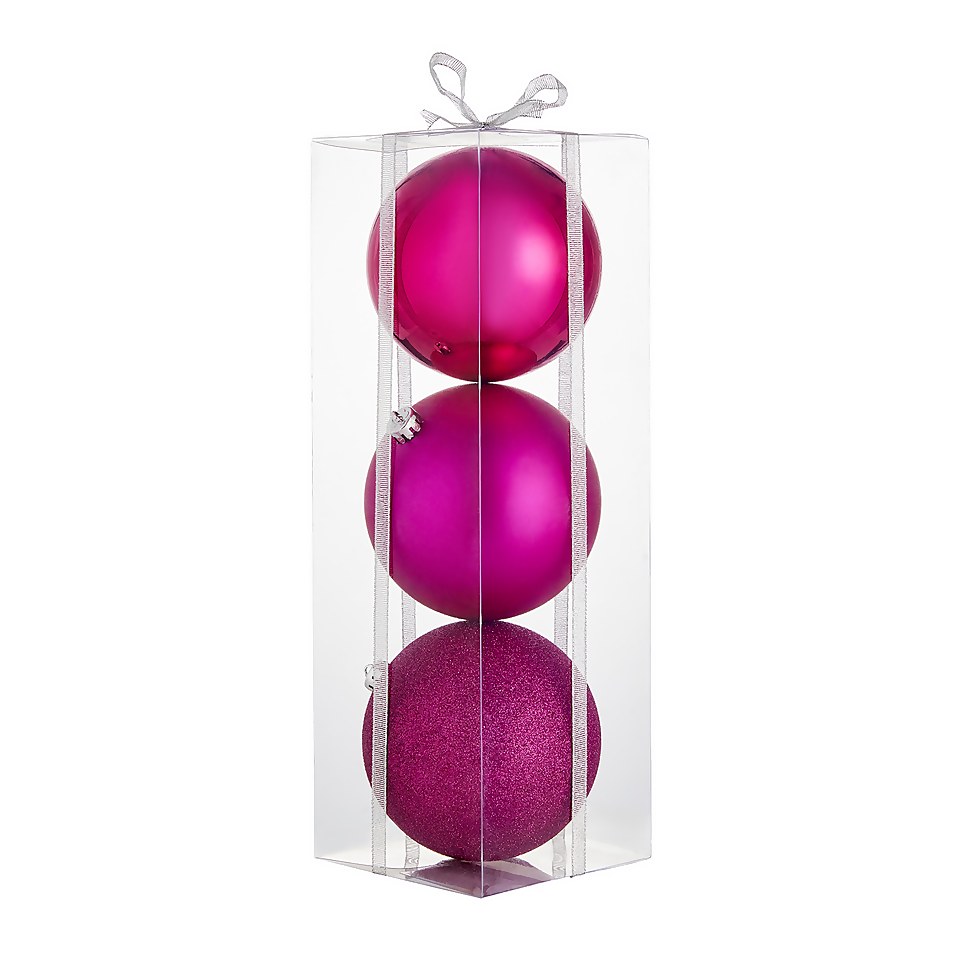Large Hot Pink Shatterproof Christmas Bauble Decorations Pack of 3