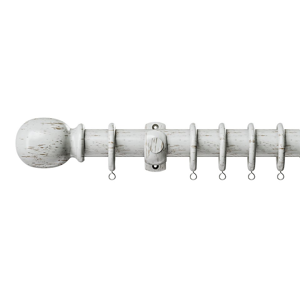 Scratched White Wood Curtain Pole with Ball Finial - 180cm (Dia 28mm)