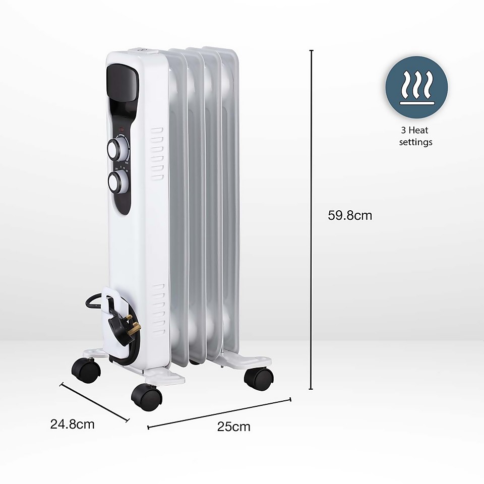 Homebase Oil Filled Radiator with 5 Fin Design in White - 1000W