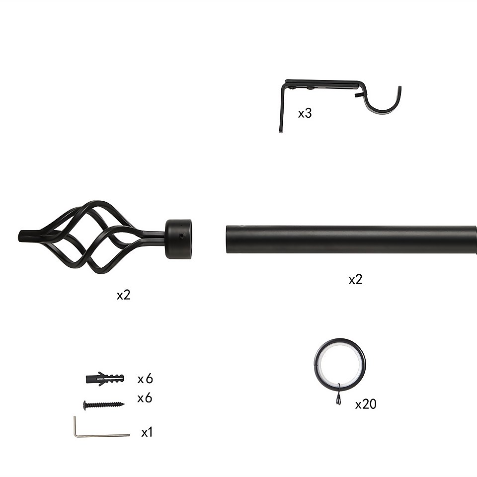 Black Extendable Curtain Pole with Cage Finial - 120-210cm (Dia 25/28mm)