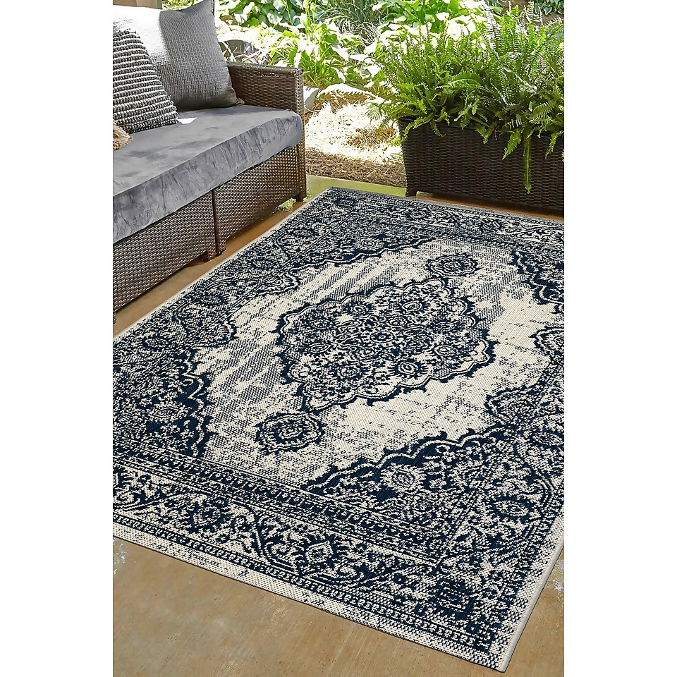 Indoor Outdoor Medallion Rug Navy 120x170cm Homebase