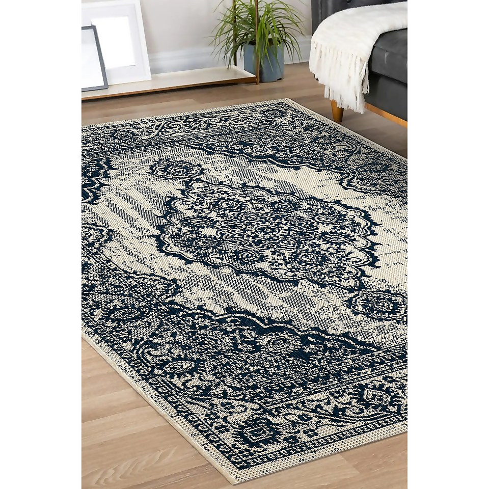 Indoor Outdoor Medallion Rug Navy 160x230cm Homebase
