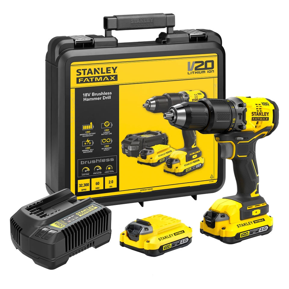 STANLEY FATMAX V20 18V Cordless Brushless Combi Drill with 2 x 2.0Ah Lithium-Ion Batteries and Kit Box (SFMCD715D2K-GB)
