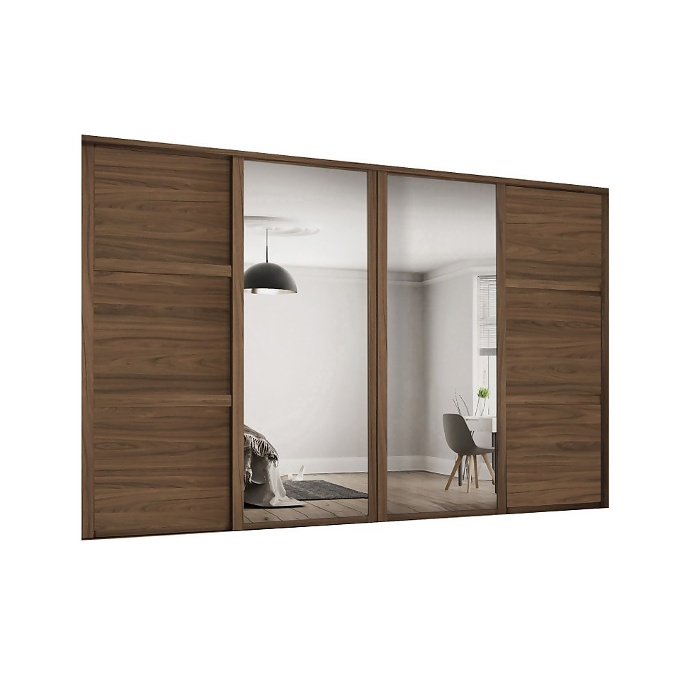 Shaker 4 Door Sliding Wardrobe Kit Walnut Panel / Mirror with Walnut Frame (W)3506 x (H)2260mm