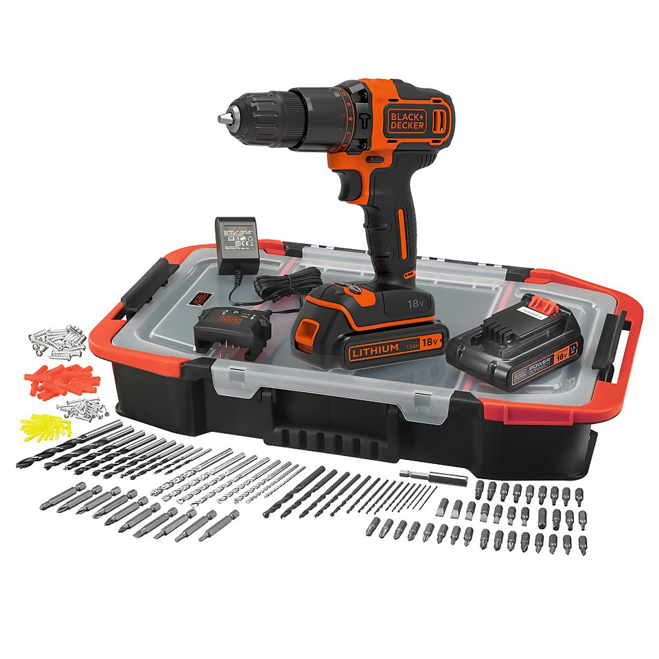 BLACK+DECKER 18V Cordless Combi Drill 2 x 1.5Ah with 160 Accessories and Storage Box (BCD700BAST-GB)