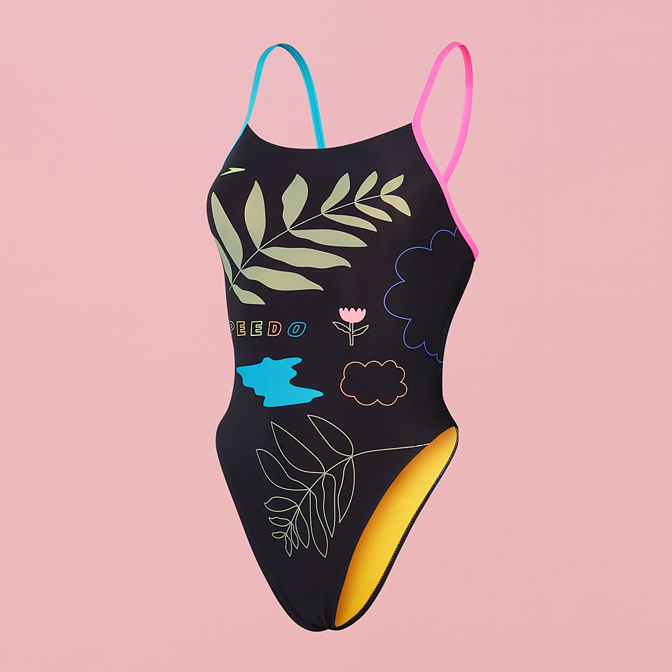 Women's Speedo x Tegan Price Abstract Print Tie Back Swimsuit Black/Green