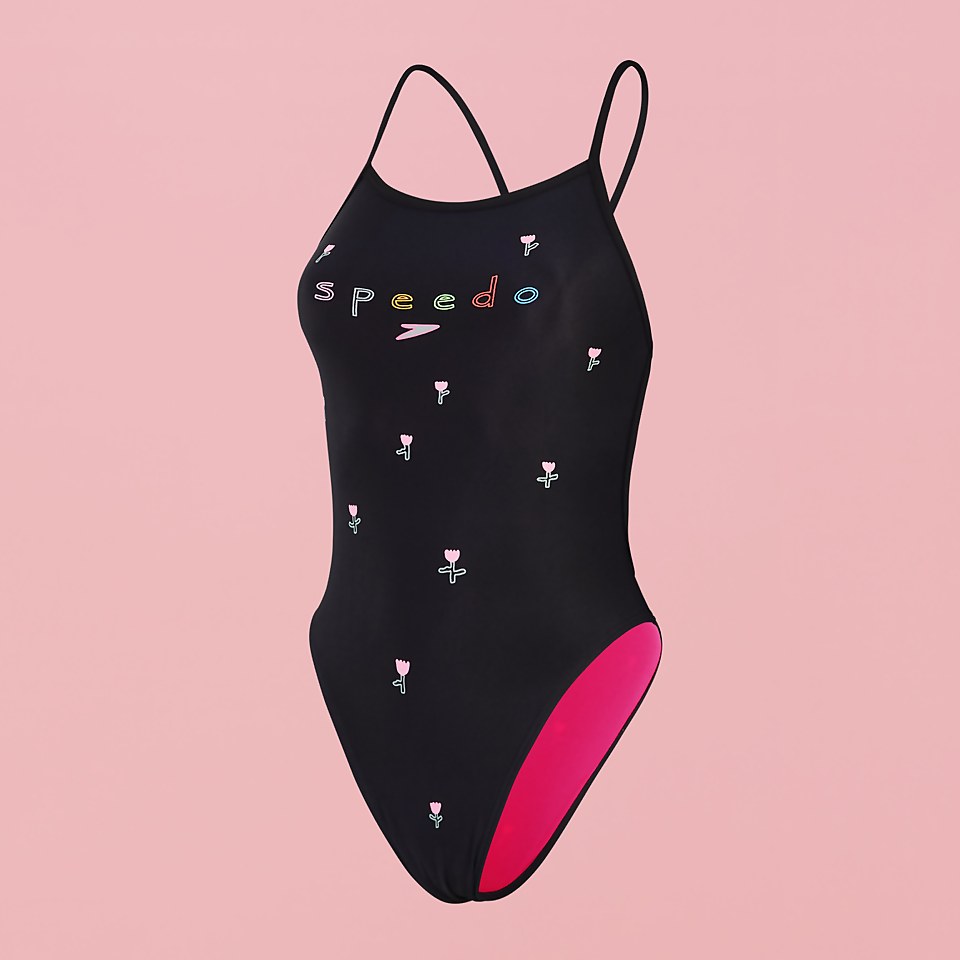 Women's Speedo x Tegan Price Floral Print V Back Swimsuit Black/Pink