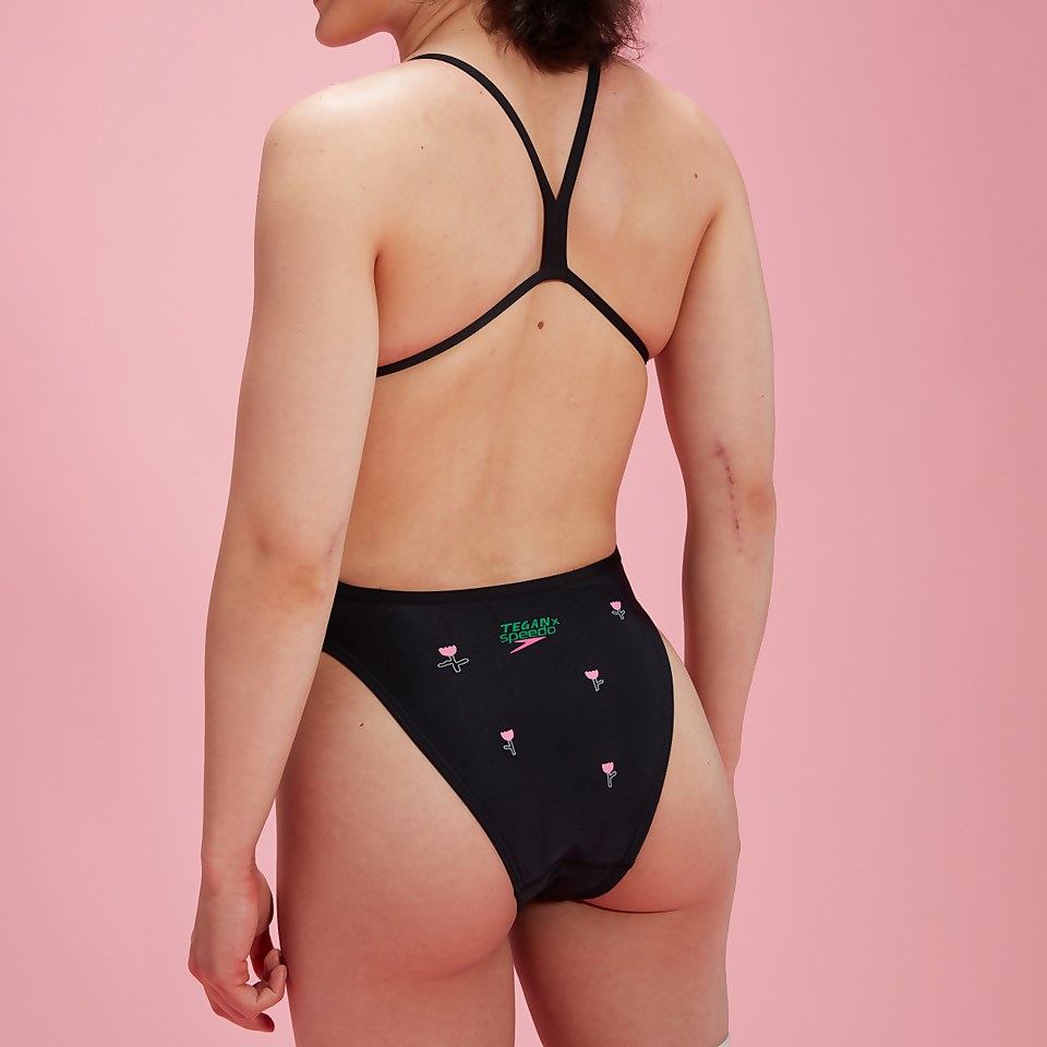 Women's Speedo x Tegan Price Floral Print V Back Swimsuit Black/Pink