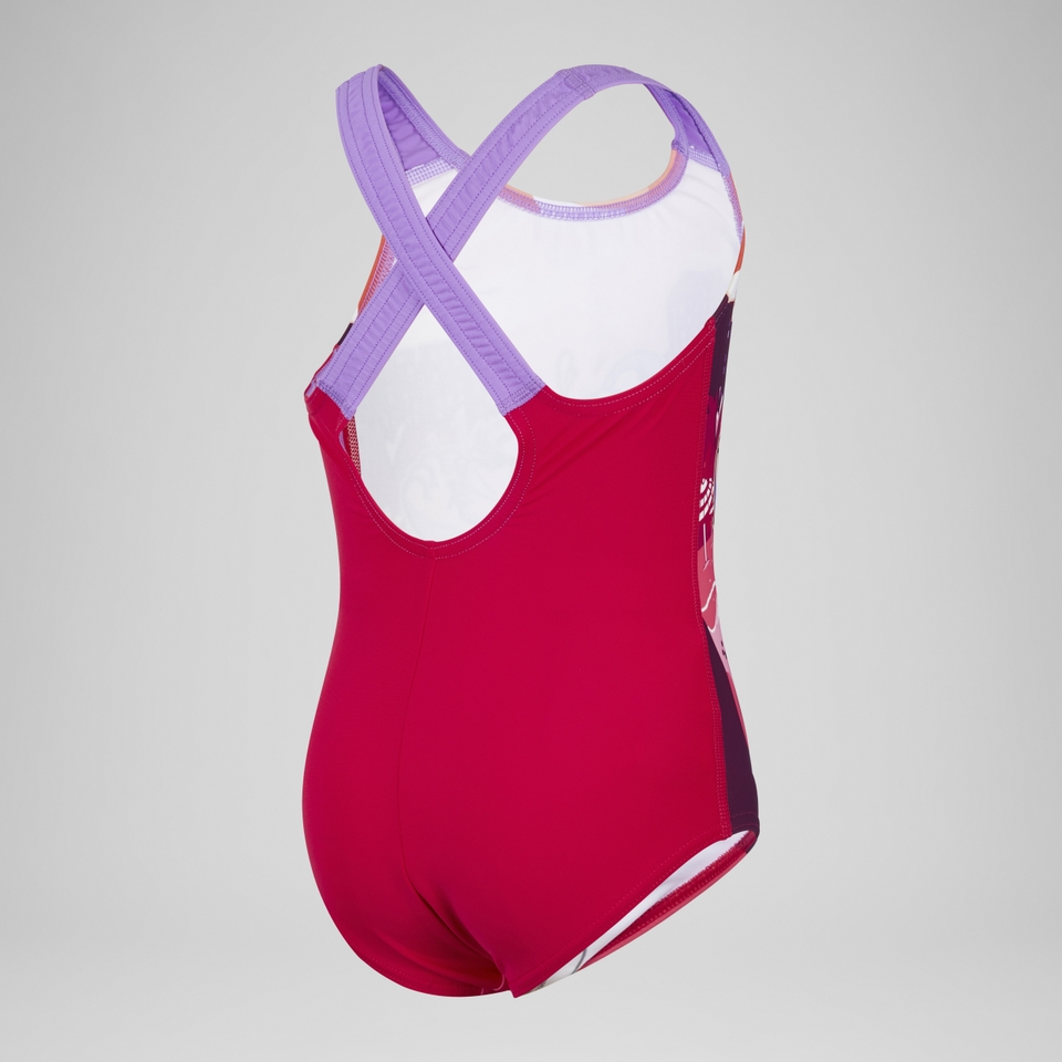 Bedruckter Schwimmlern-Rüschen-Badeanzug mit Kreuzrückenausschnitt für Mädchen Pink/Koralle