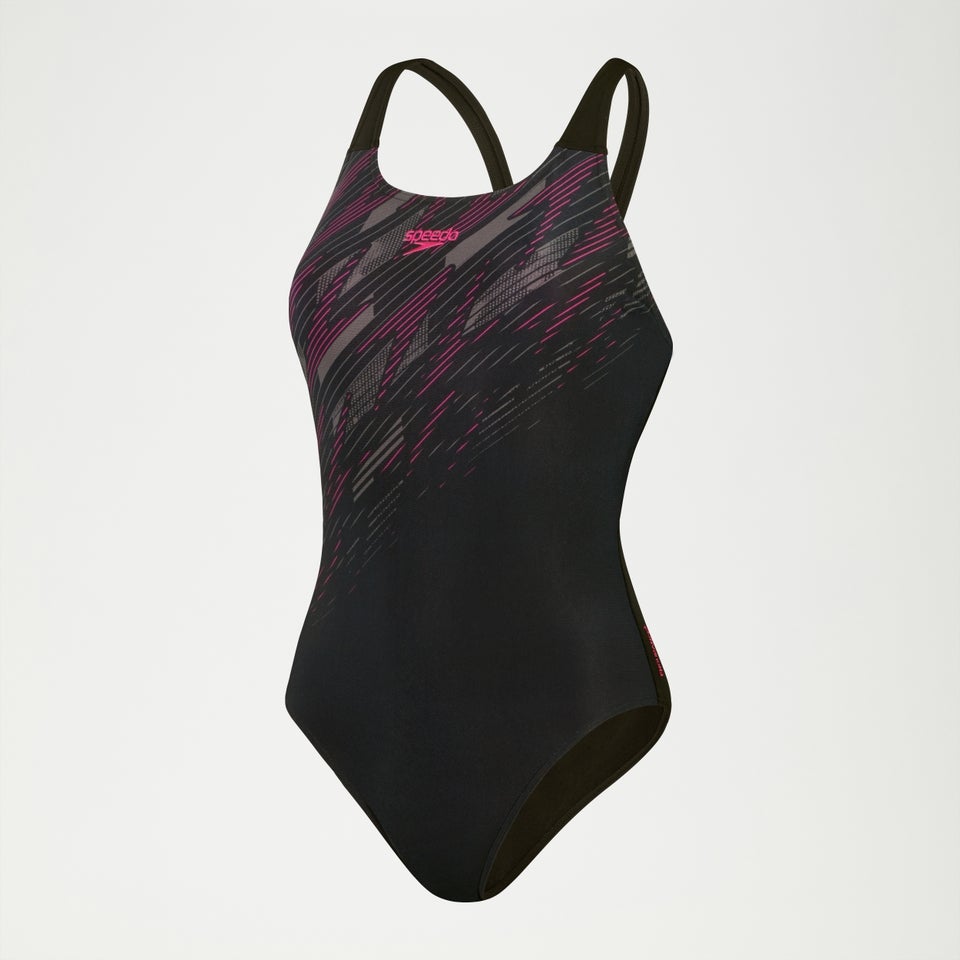 Speedo Costume Intero Donna HyperBoom Splice Muscleback - Design Classico, Asciugatura Rapida, Tessuto Endurance+ Resistente Al Cloro, Nero/Fucsia, Taglia 34